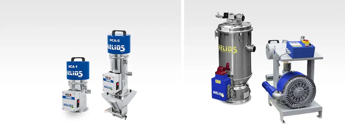 Links: HCA, Vakuum-Fördergerät aus Edelstahl mit integriertem Venturi Sauger. Rechts: Förder-Abscheider aus Edelstahl und separater Vakuumstation.