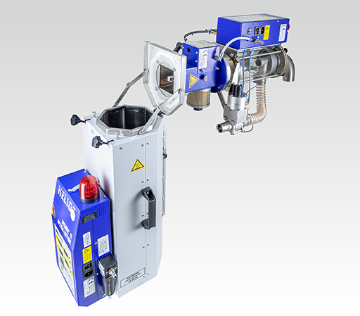 The container lid of HELIOS dedusting dryers can be folded down for easy cleaning
